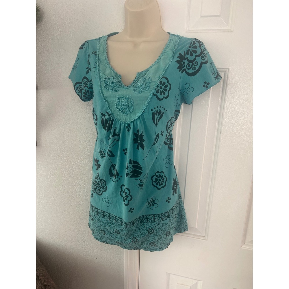 Unity World Wear Teal Floral Boho Tunic Top Short Sleeve Rosette V-Neck Sm y2k